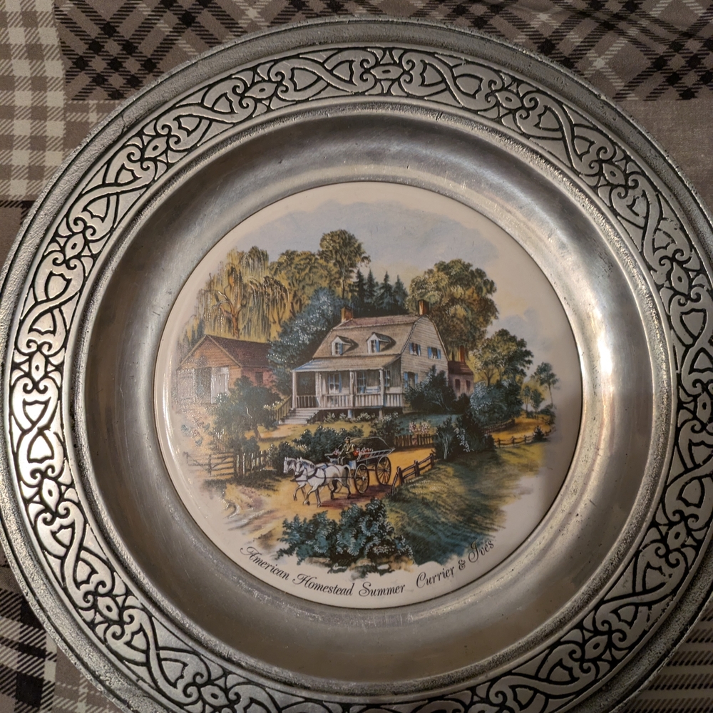 Charming Silver Plate with Rustic Homestead Scene